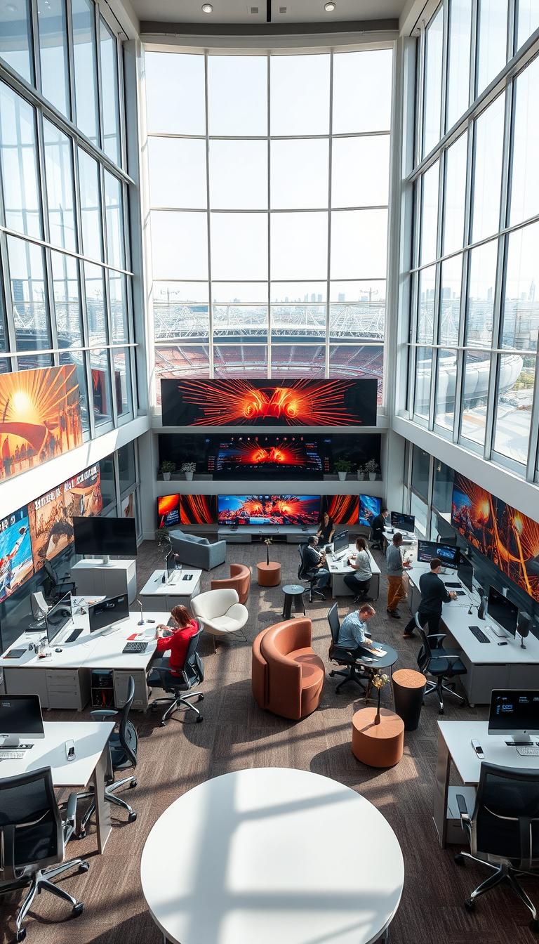 A modern theatre office area within the Abu Dhabi Arena, showcasing an open-plan workspace that promotes collaboration and creativity