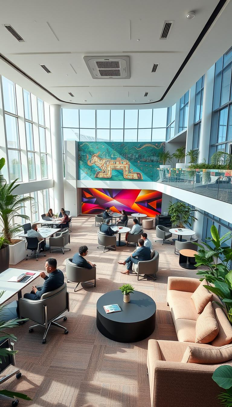 An elegant and modern theatre office area within the Abu Dhabi Arena, featuring an open layout filled with natural light from floor-to-ceiling windows