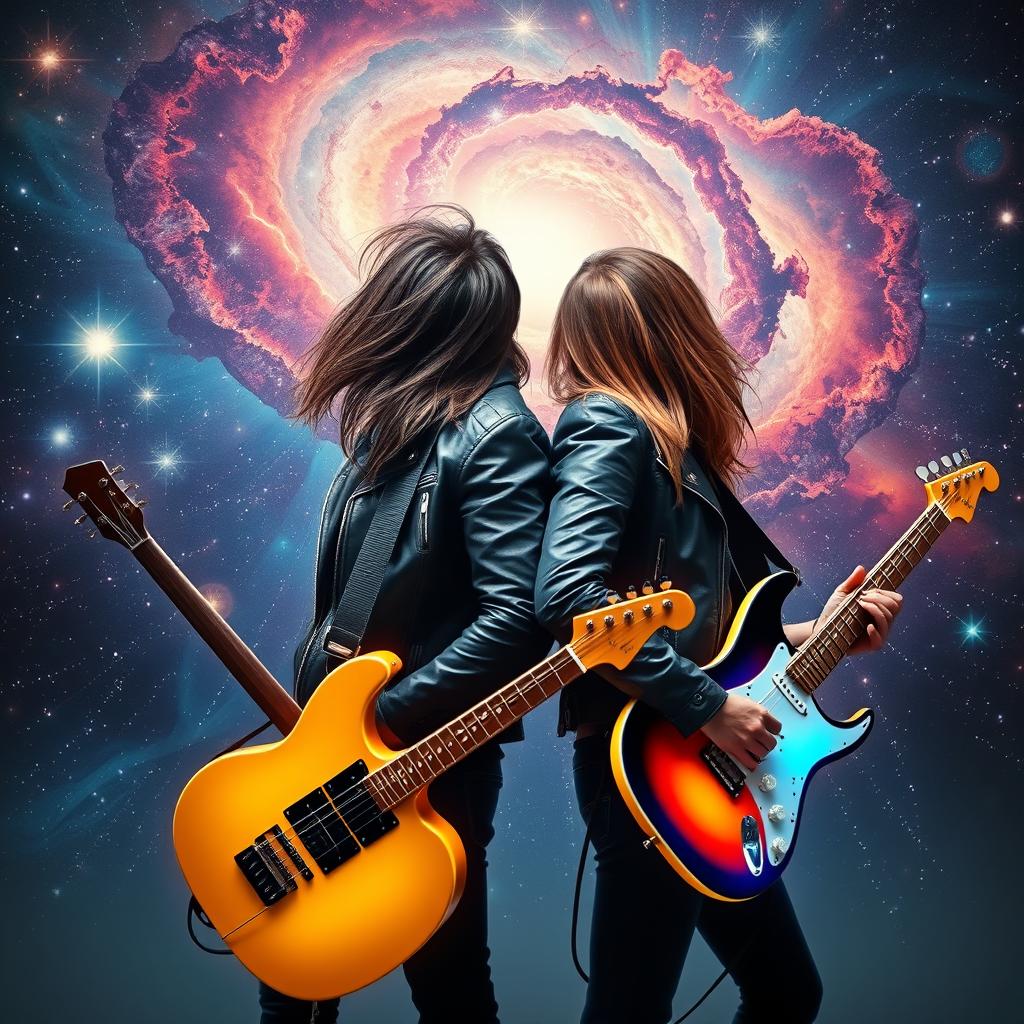Two rock musicians standing back to back, one wielding a bass guitar and the other an electric guitar, gazing in awe at a stunning cosmic universe filled with bright stars, colorful nebulae, and swirling galaxies
