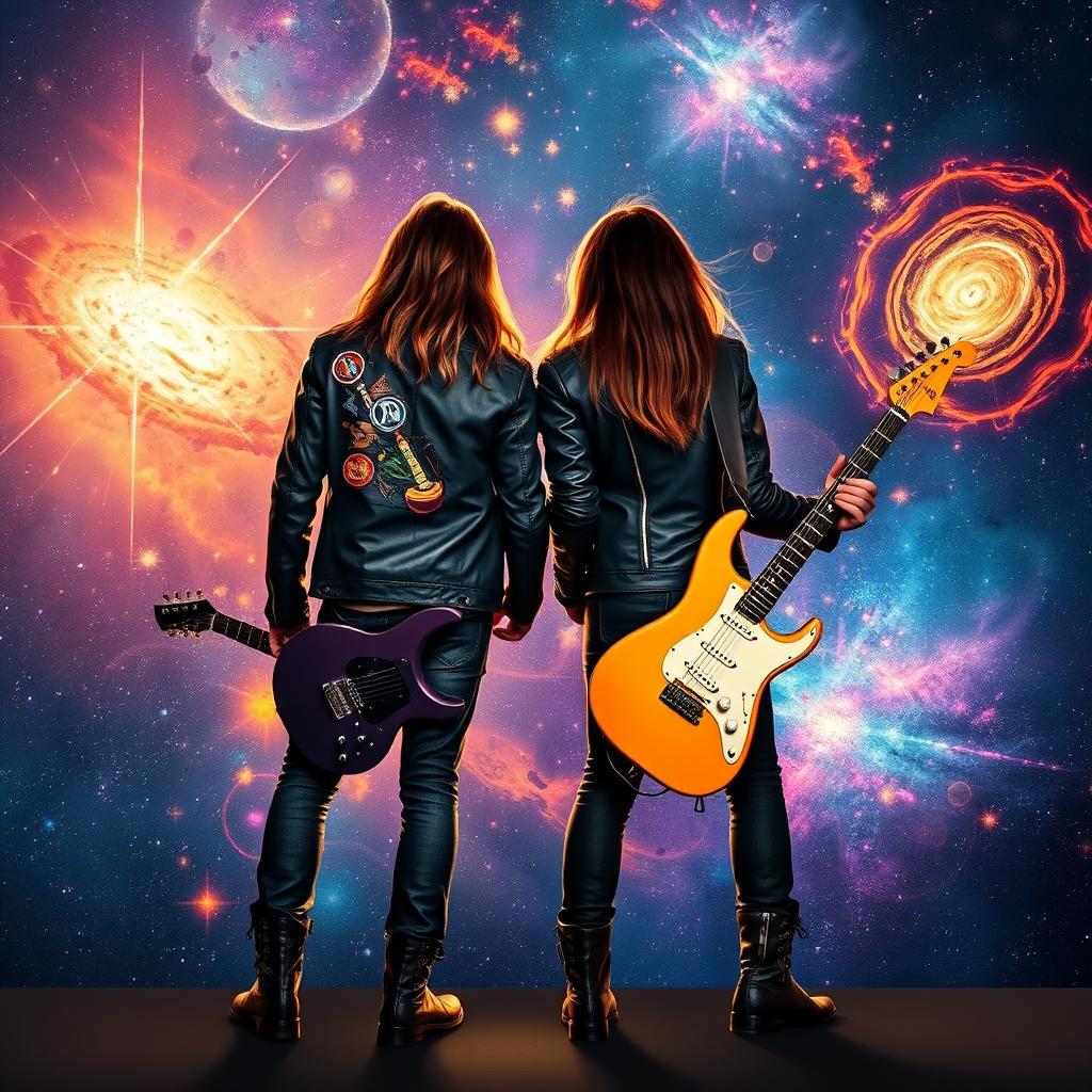 Two rock musicians standing back to back, one holding a bass guitar and the other an electric guitar, gazing at a magnificent cosmic universe filled with sparkling stars, colorful nebulae, and swirling galaxies