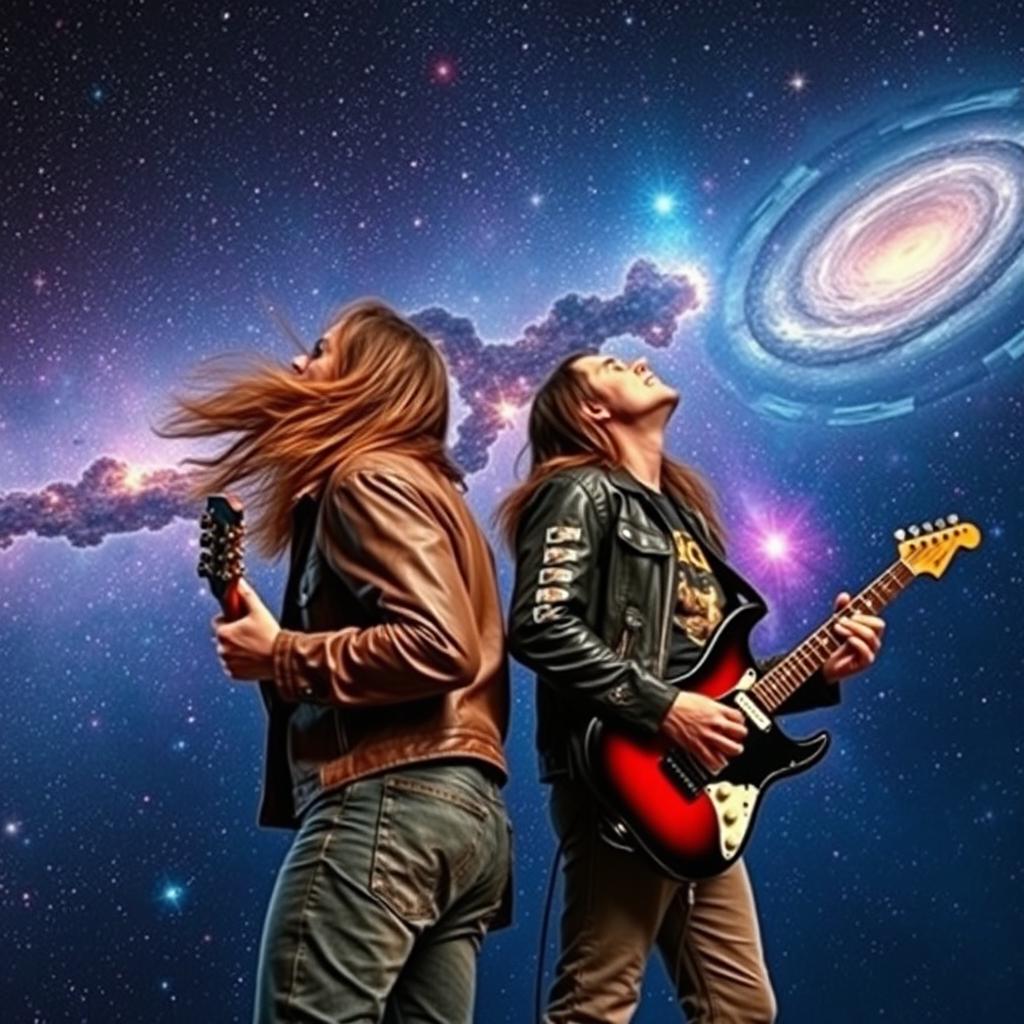 Two rock musicians standing back to back, one with a bass guitar and the other with an electric guitar, staring up in wonder at a spectacular cosmic expanse filled with shimmering stars, vibrant nebulae, and swirling galaxies