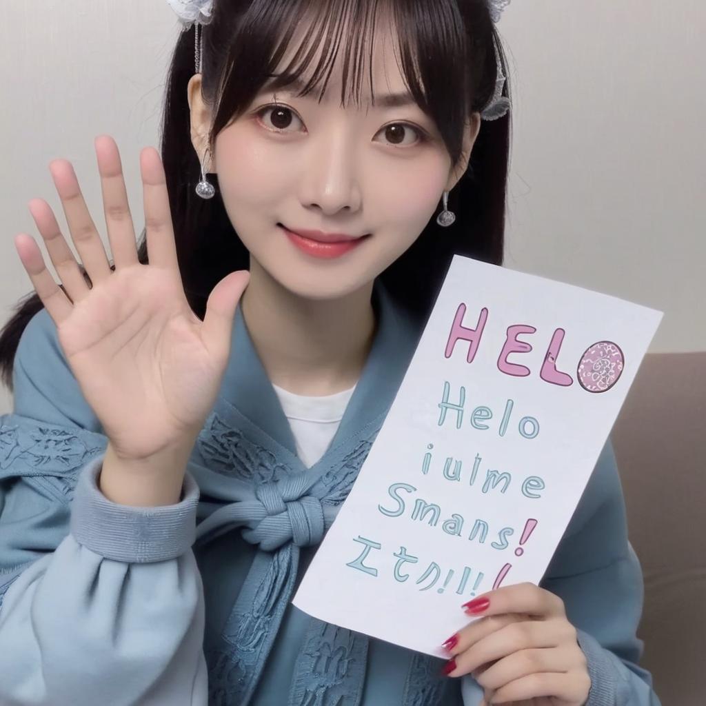 Make this girl hold a paper saying hello instead and hello in Japanese