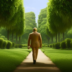 Homer Simpson in a sleek suit, leisurely walking through a verdant park, holding and sipping from a can. The surrounding scenery is lush and serene, providing a pleasant backdrop to the casual activity.