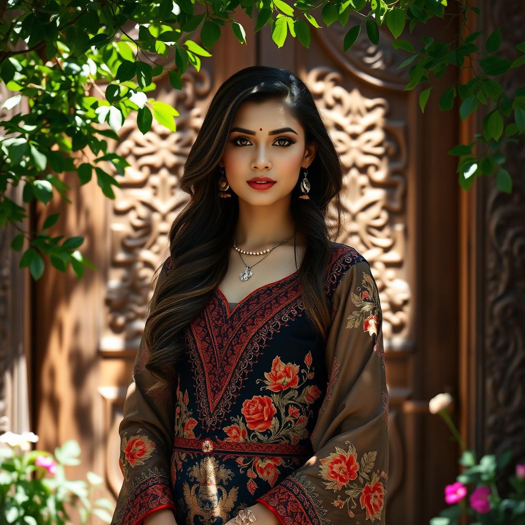 A stunning portrait of a confident woman in a beautifully adorned traditional dress, standing in front of a vintage wooden door with intricate carvings