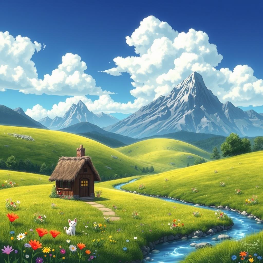 A whimsical fantasy landscape inspired by Studio Ghibli, featuring lush green hills dotted with colorful wildflowers under a bright blue sky