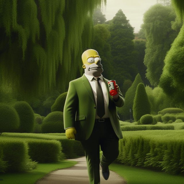 Homer Simpson dressed in an elegant suit, casually strolling through a lush park, sipping from a distinctive can of Monster energy drink. The greenery provides a tranquil backdrop to the unexpected scene.