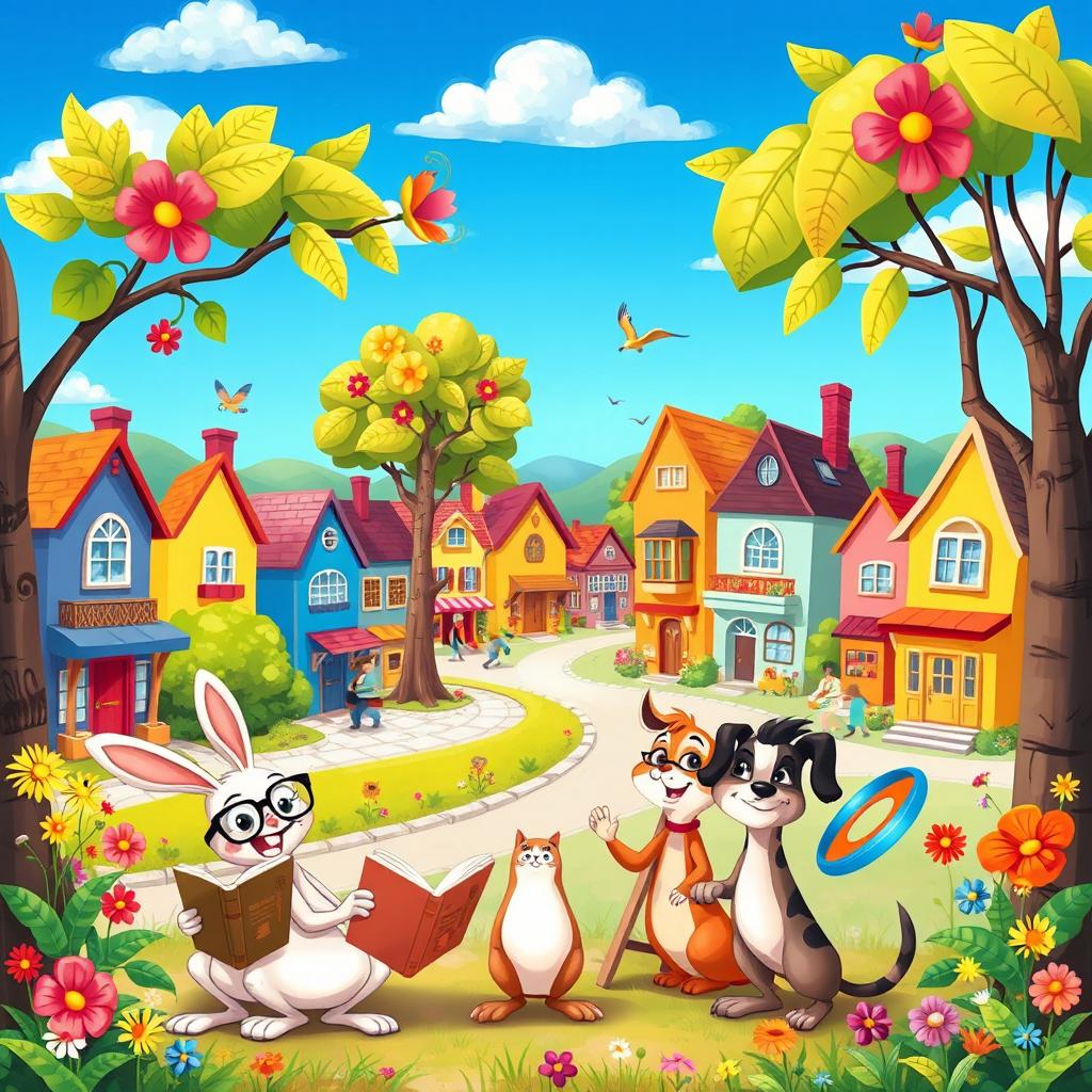 A vibrant cartoon scene depicting a whimsical village with colorful houses, bustling streets filled with cheerful characters, and a bright blue sky