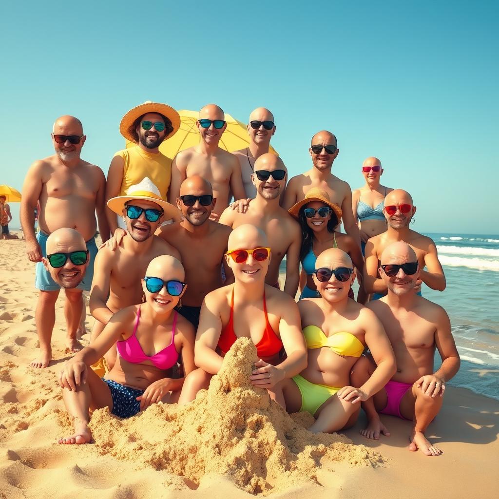 A vibrant scene featuring a group of bald individuals joyfully enjoying a sunny day at the beach