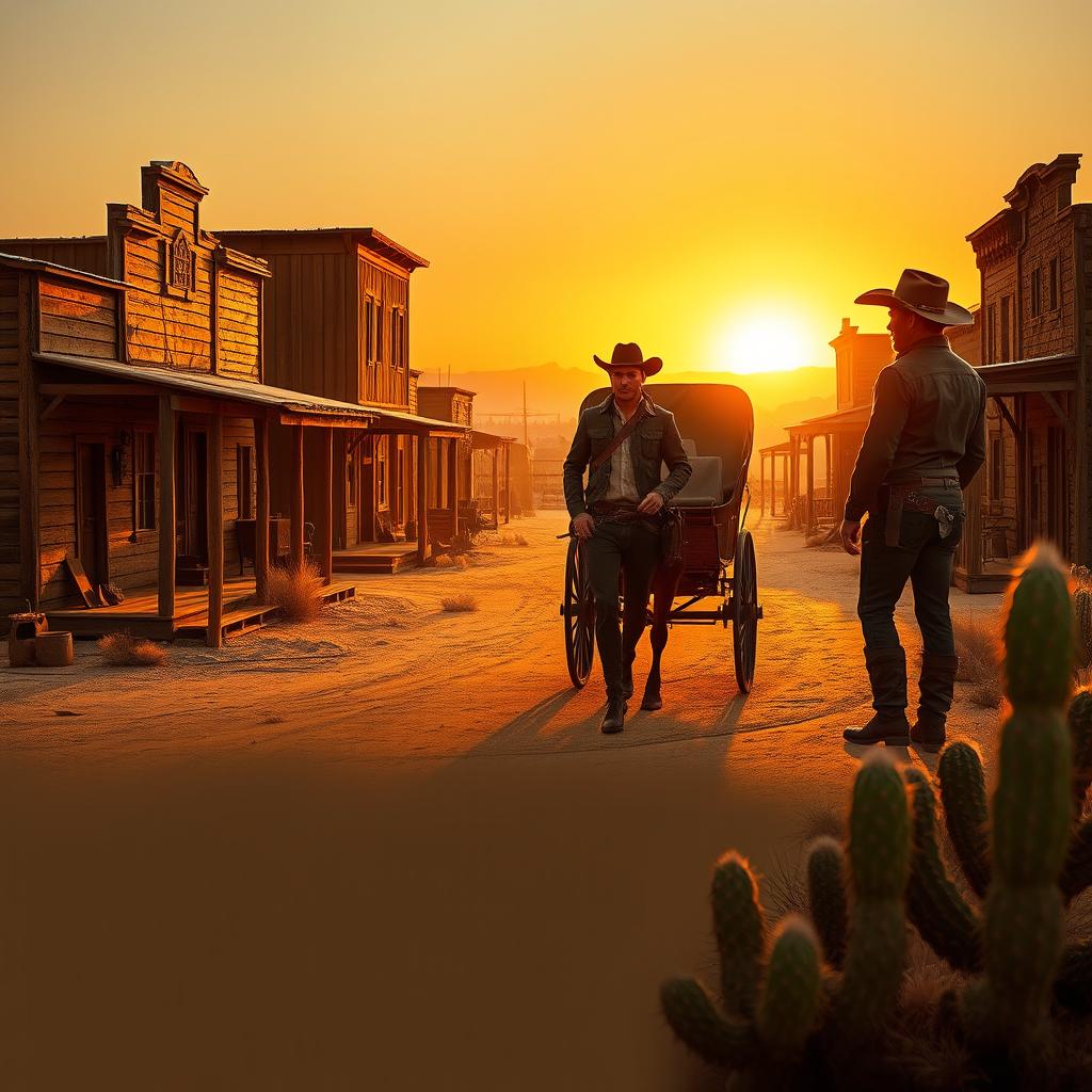 A scene capturing the essence of the Wild West, showcasing a dusty frontier town with old wooden buildings, a horse-drawn carriage parked on a dirt road, and a cowboy in traditional attire, complete with a wide-brimmed hat, leather boots, and a holster