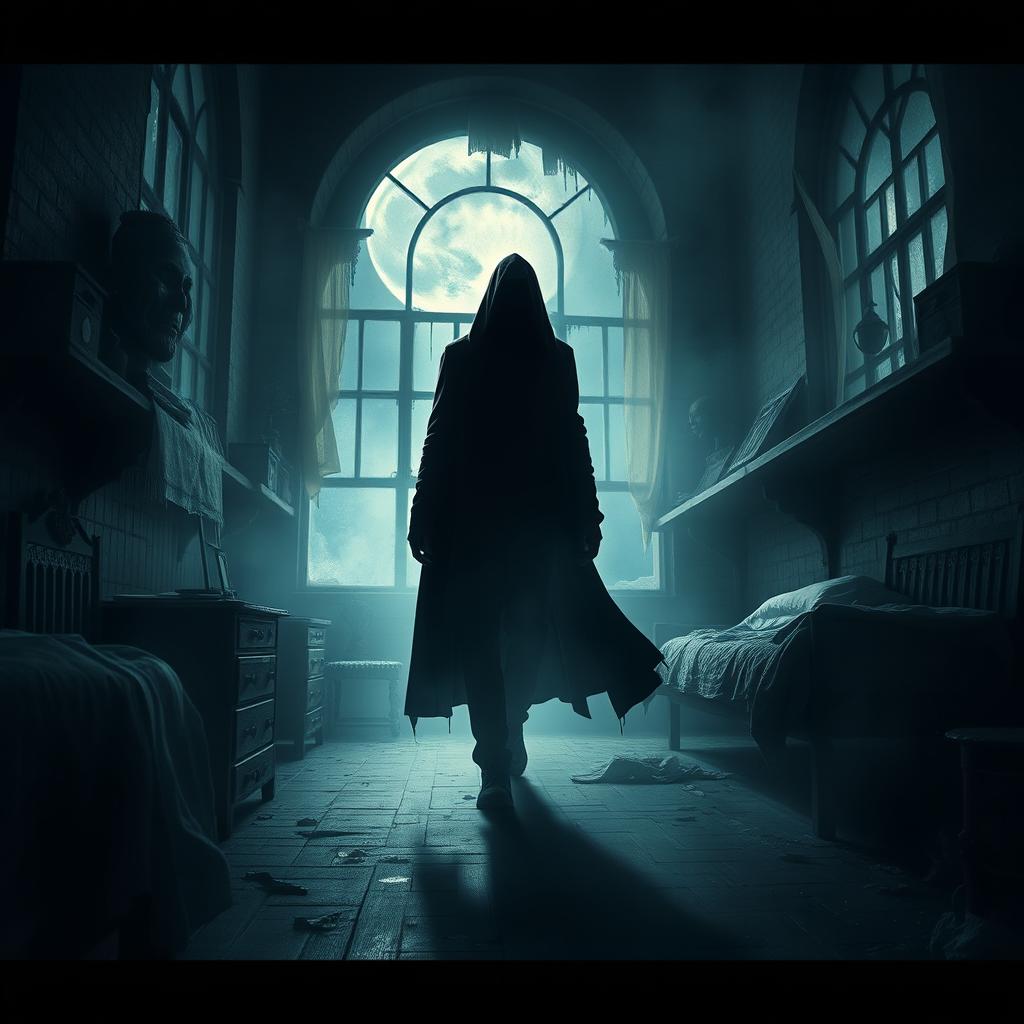 A mysterious figure cloaked in shadows known as Night Shadow, navigating through a dark and ethereal landscape