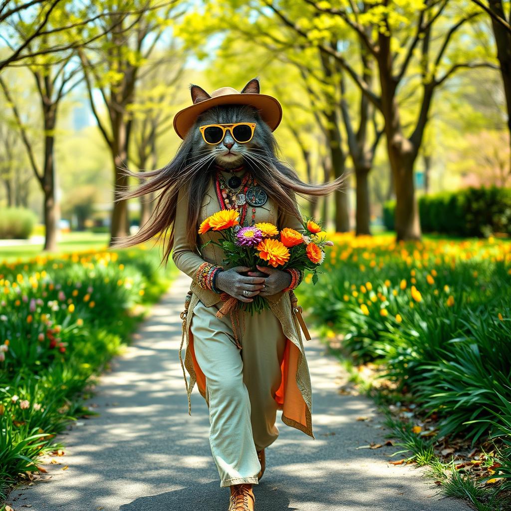A full-length catwoman, embodying a gray street cat with a girl's face, walking along a path in a large city park during spring