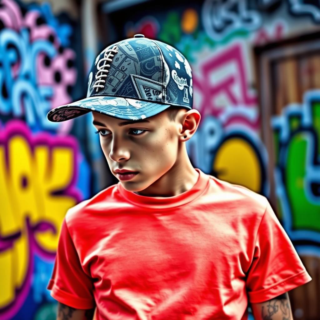 A stylish outfit featuring a smooth, fitted t-shirt in a vibrant color, paired with a trendy cap that has a unique design and texture