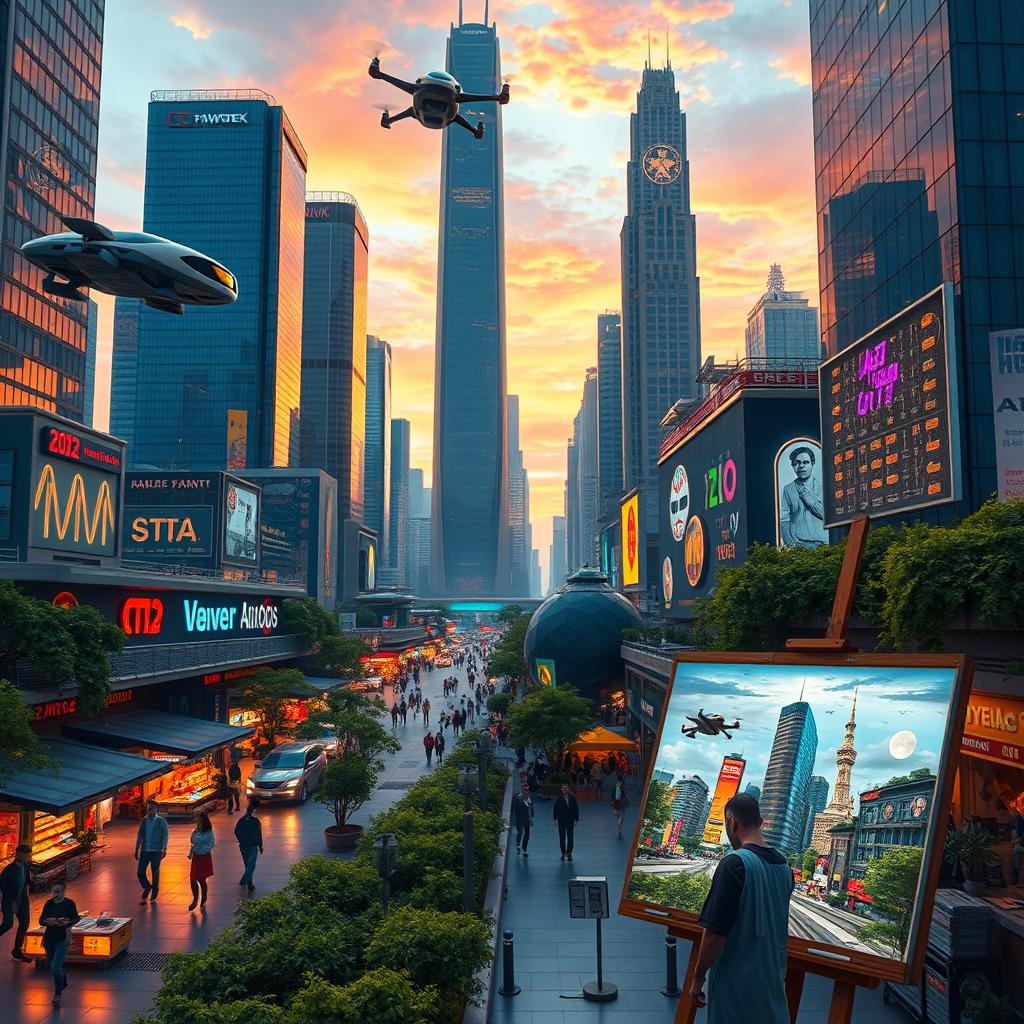 A futuristic cityscape at dusk, with towering skyscrapers made of glass reflecting the vibrant colors of the sunset