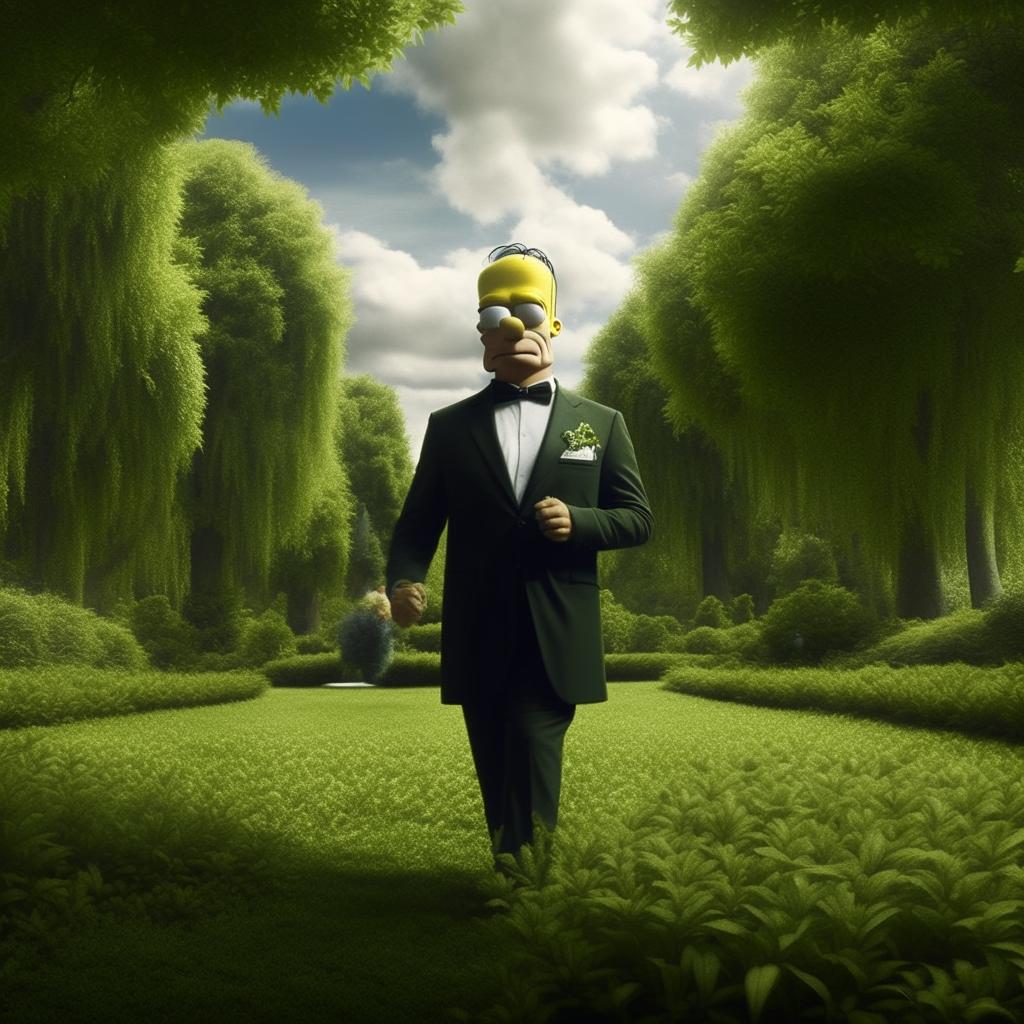 Homer Simpson dressed in an elegant suit, casually strolling through a lush park, sipping from a distinctive can of Monster energy drink. The greenery provides a tranquil backdrop to the unexpected scene.