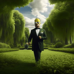 Homer Simpson dressed in an elegant suit, casually strolling through a lush park, sipping from a distinctive can of Monster energy drink. The greenery provides a tranquil backdrop to the unexpected scene.