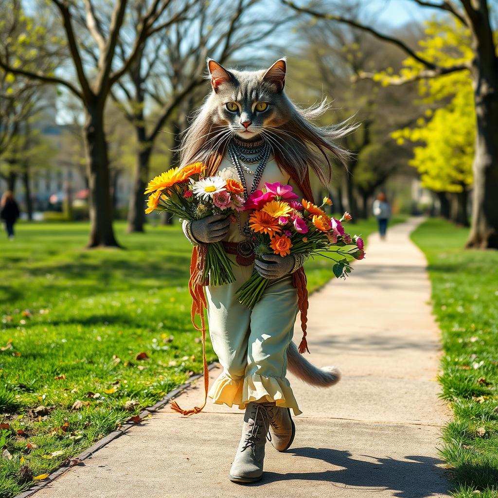 A full-length catwoman, representing a gray street cat with a girl's face, walking along a path in a large city park during a bright and sunny spring day