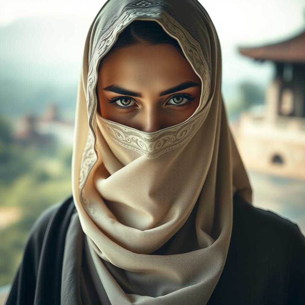 A mysterious woman wearing a beautifully designed burqa that elegantly covers her face, showcasing intricate patterns and embroidery