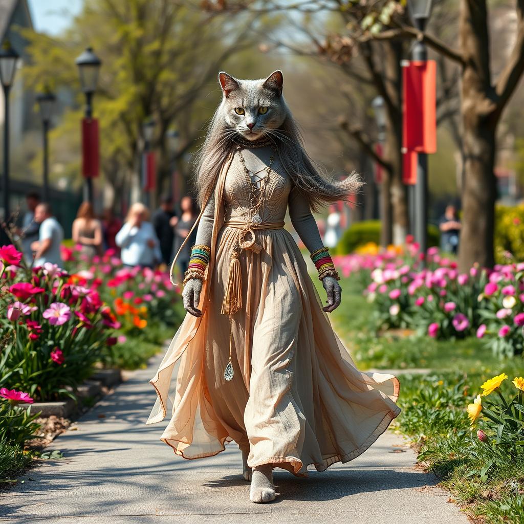 A full-length catwoman, representing a gray street cat with a girl's face, walking gracefully along a path in a bustling city park during a sunny spring day