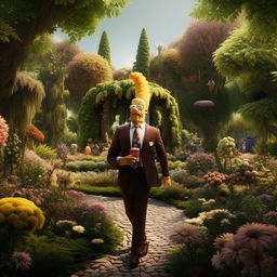 Homer Simpson attired in a polished suit, calmly meandering through an abundant park, enjoying a can of Monster energy drink. His surroundings are serene with a rich assortment of flora.