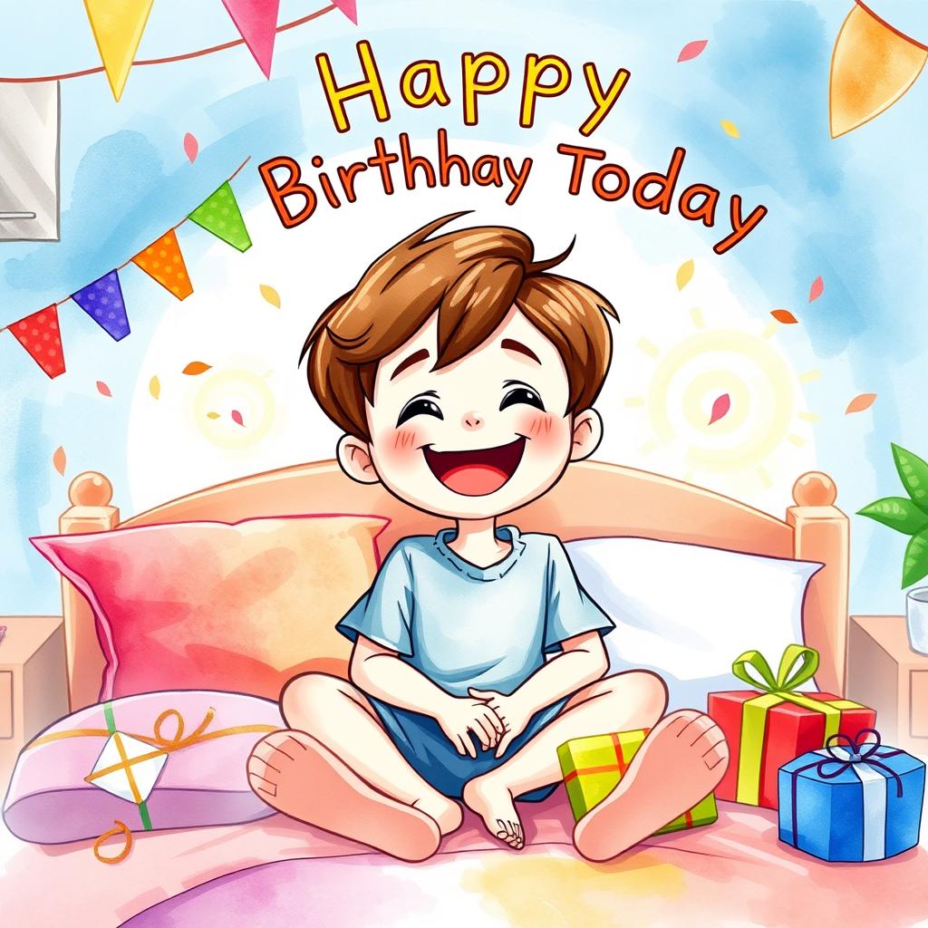 A joyful 5-year-old boy with medium-length brown hair sitting on a bed, beaming with happiness because it's his birthday today