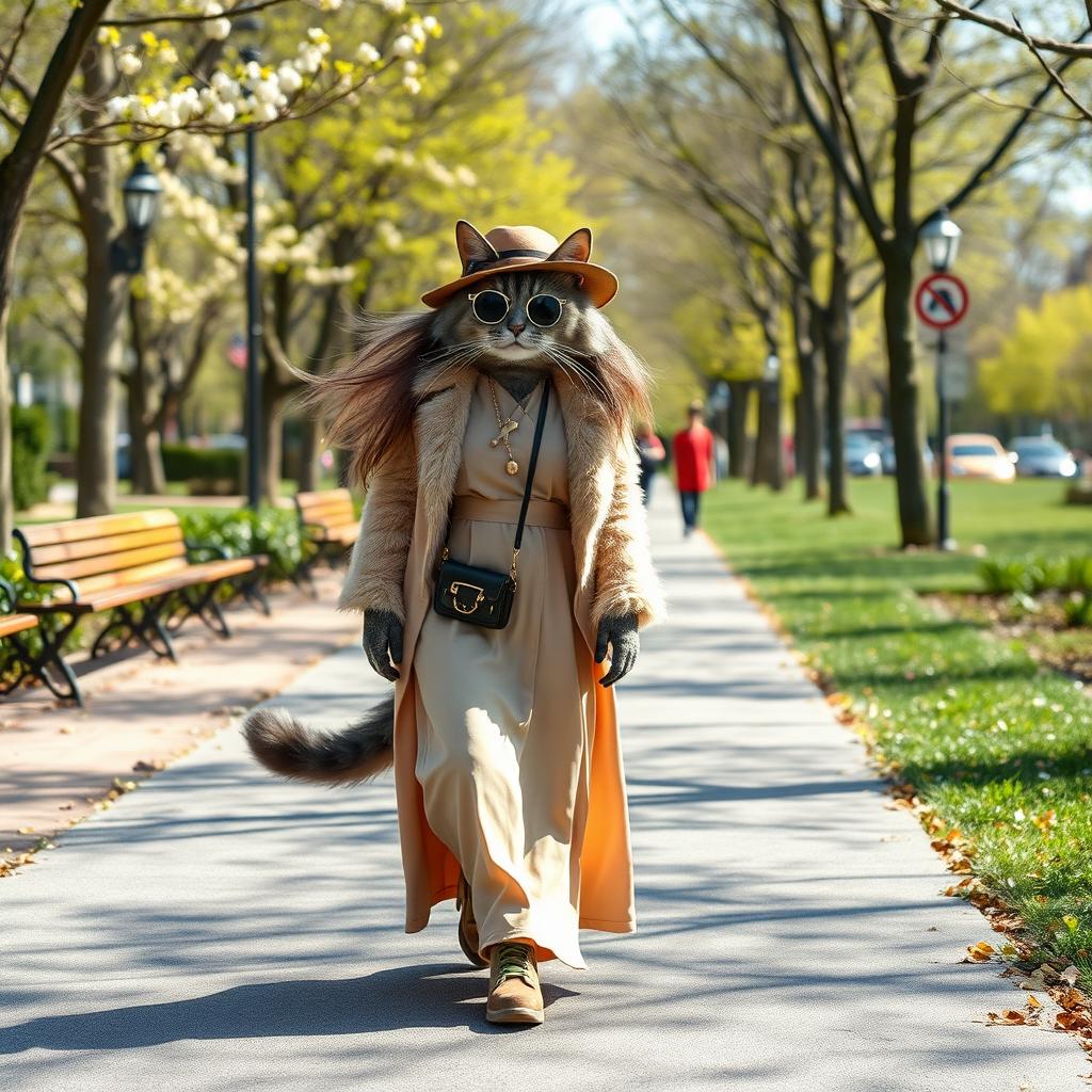 A full-length catwoman, representing a gray street cat with a girl's face, striding confidently along a path in a bustling city park during a sunny spring day