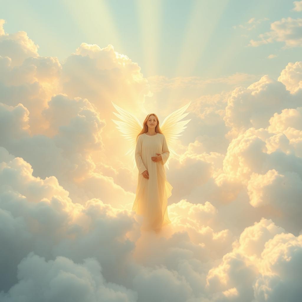 A serene and ethereal landscape depicting a beautiful, cloudy heaven filled with soft, glowing clouds, golden rays of light streaming down, and a peaceful figure standing among the clouds
