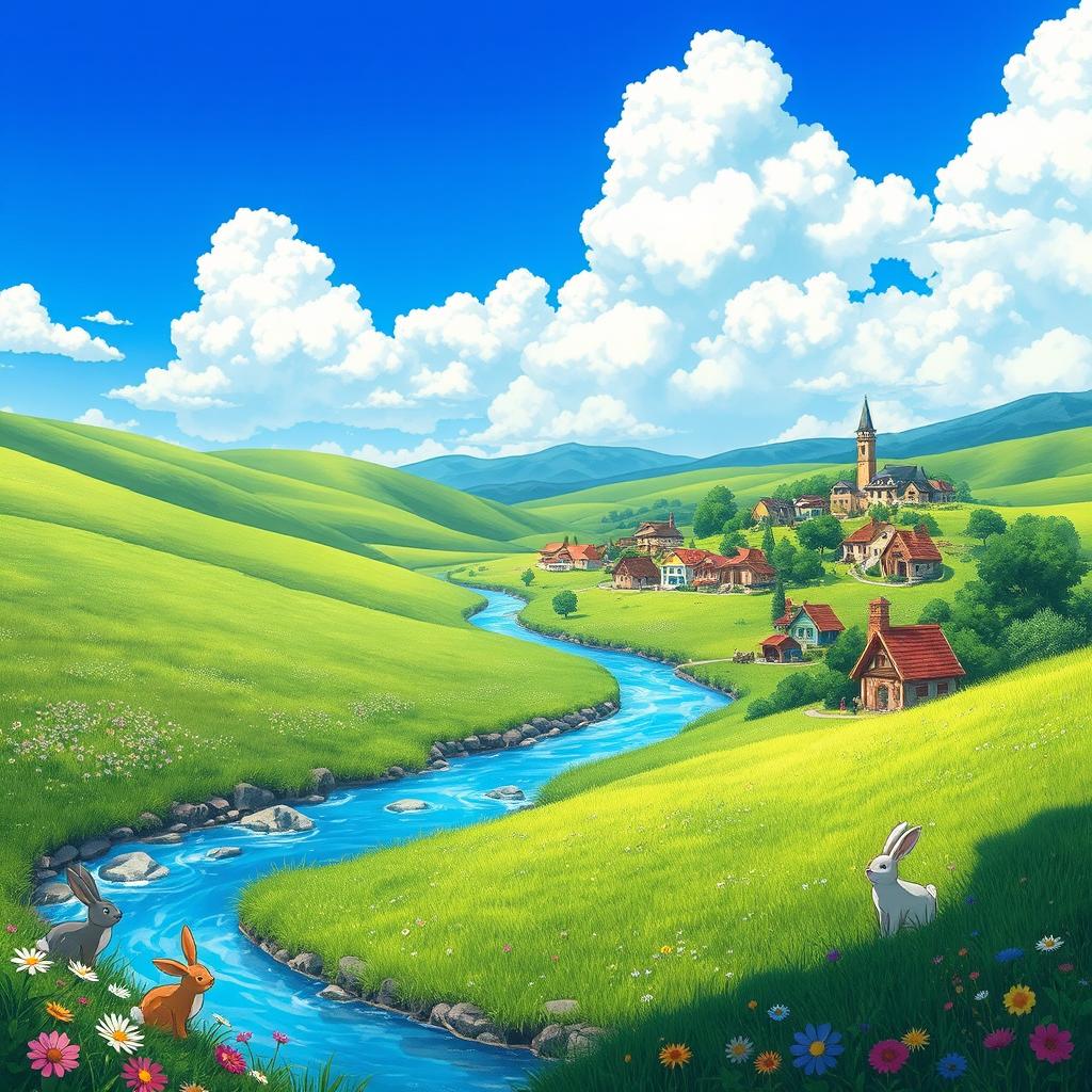A whimsical and enchanting landscape in the style of Studio Ghibli, featuring lush rolling hills, a vibrant blue sky with fluffy clouds, and a picturesque village with charming, colorful houses