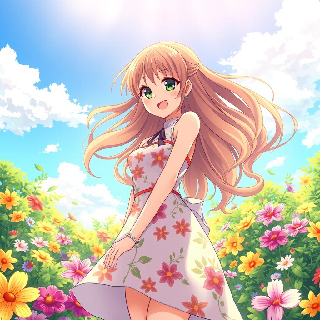 A vibrant anime scene featuring a young woman with long flowing hair, wearing a stylish summer dress adorned with floral patterns