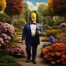 Homer Simpson attired in a polished suit, calmly meandering through an abundant park, enjoying a can of Monster energy drink. His surroundings are serene with a rich assortment of flora.