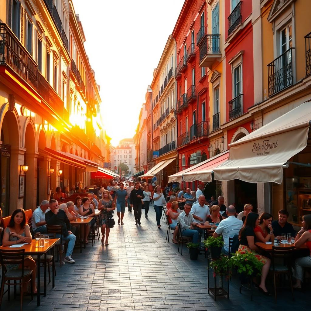 A vibrant street scene in a lively city during the golden hour, featuring people enjoying outdoor cafes, surrounded by beautiful architecture