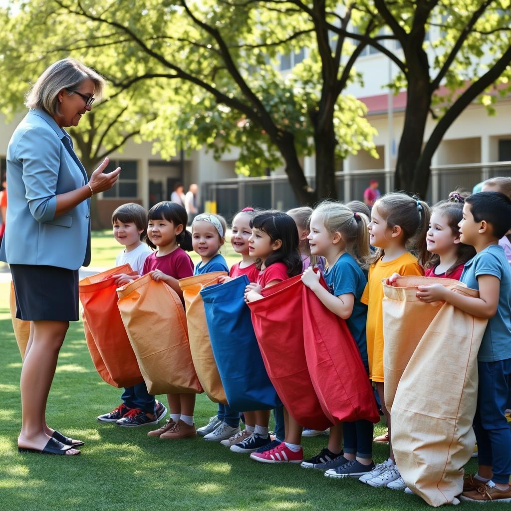 A vibrant schoolyard scene with a teacher excitedly explaining the rules of a race to a group of enthusiastic children