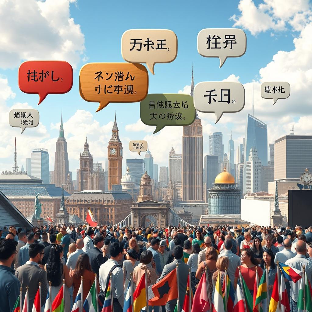 An artistic interpretation of foreign linguistic dominance, visualizing a bustling global cityscape with people of diverse ethnic backgrounds engaging in conversation amidst iconic landmarks