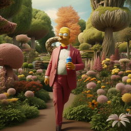 Homer Simpson attired in a polished suit, calmly meandering through an abundant park, enjoying a can of Monster energy drink. His surroundings are serene with a rich assortment of flora.