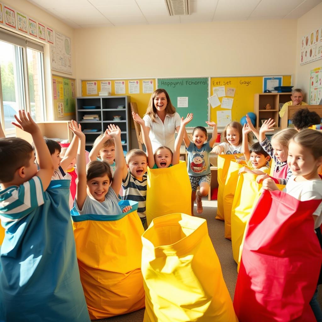 A vibrant classroom scene where an enthusiastic teacher shouts, "Get ready