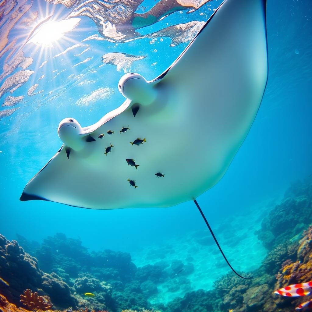 A stunning underwater scene featuring a majestic manta ray gracefully gliding through crystal clear blue waters