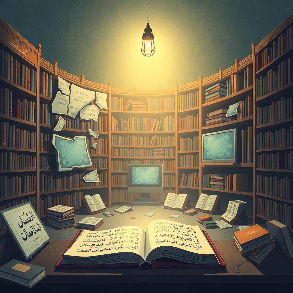 A conceptual illustration representing the weakness of digital Arabic content, featuring a contrasting scene where a traditional library full of rich Arabic literature and history is juxtaposed with a sparse and underdeveloped digital landscape
