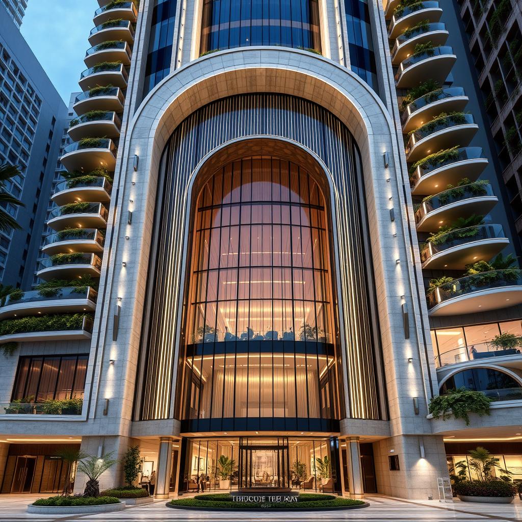 A sustainable 15-storey tower with a dynamic form inspired by dolphins, blending neoclassical and futuristic architecture