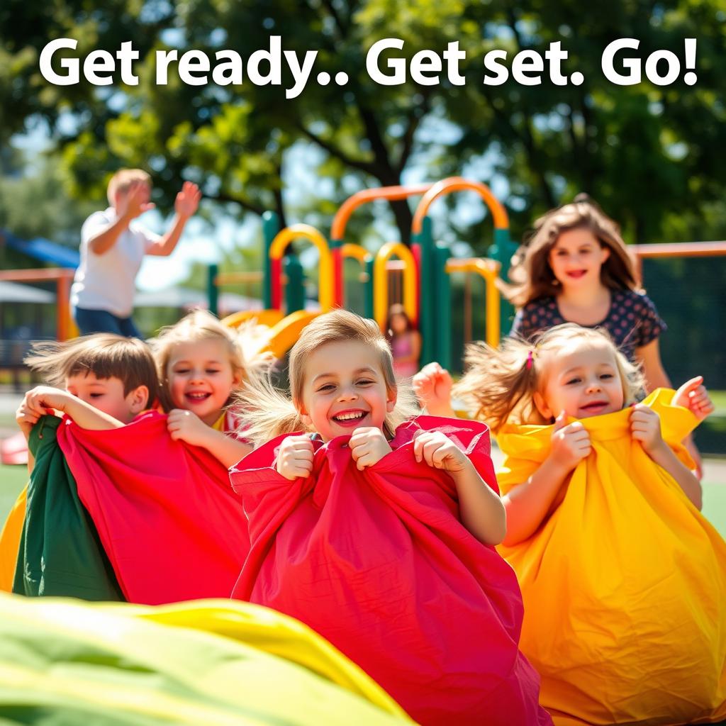 A vibrant and exciting scene in a playground where a teacher enthusiastically shouts: "Get ready