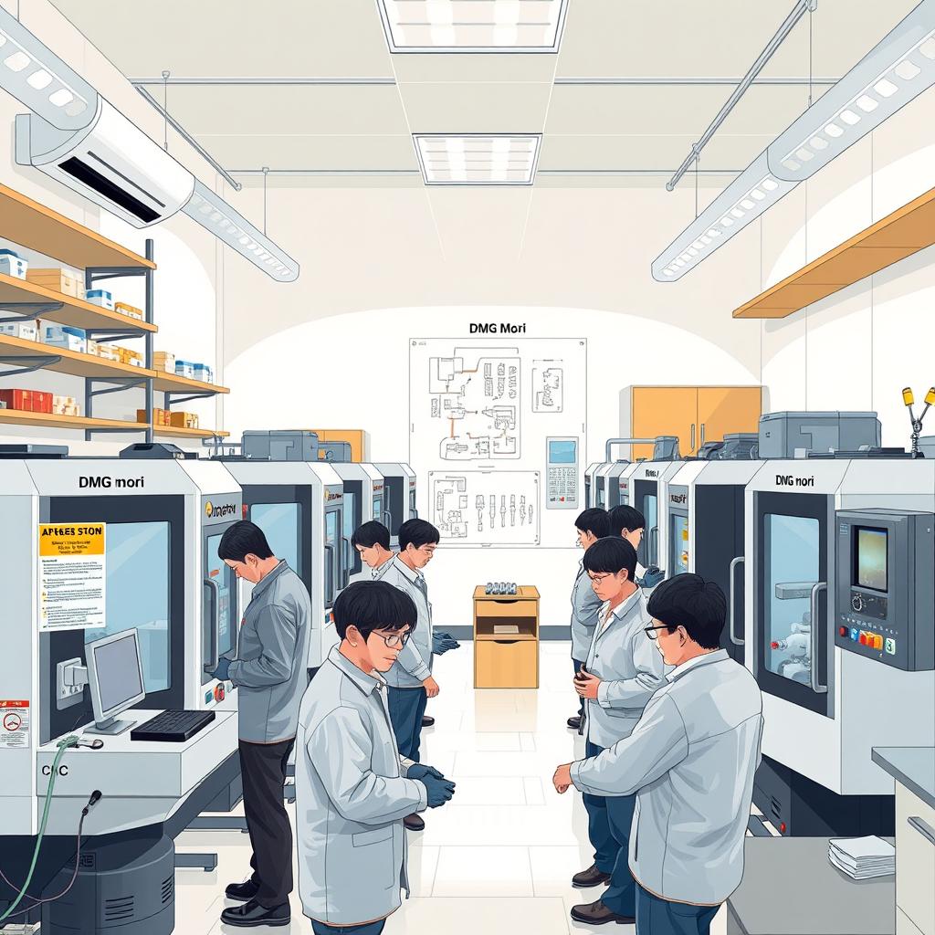 An illustration of a modern laboratory setting featuring 4-5 DMG Mori CNC machines, showcasing their sleek design and precision engineering