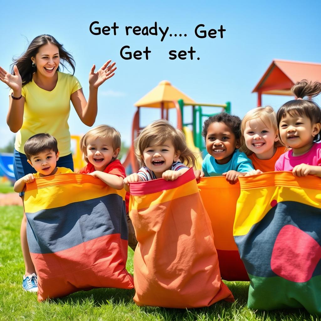A vibrant scene in a playground where excited children are standing inside large colorful sacks, gripping the tops tightly in anticipation