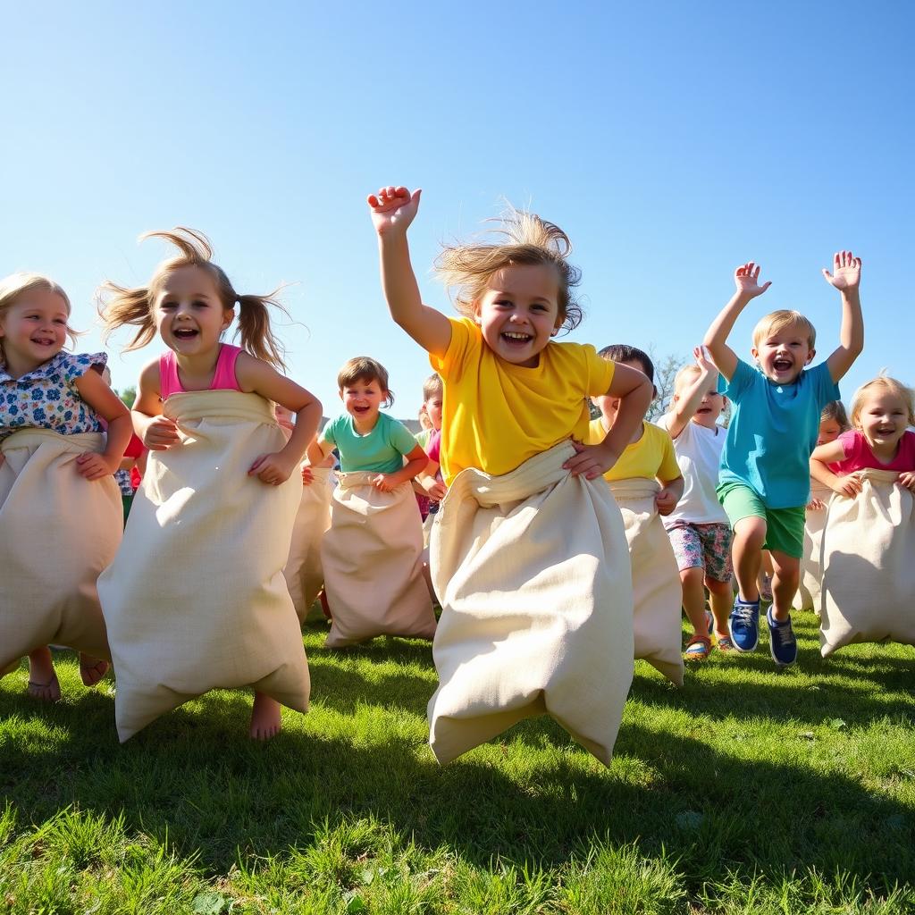 A lively scene depicting children joyfully jumping inside sacks at the start of a race