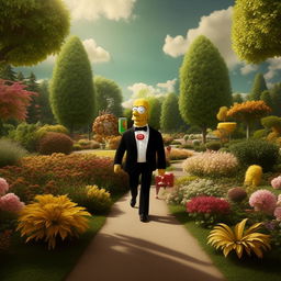 Homer Simpson attired in a polished suit, calmly meandering through an abundant park, enjoying a can of Monster energy drink. His surroundings are serene with a rich assortment of flora.