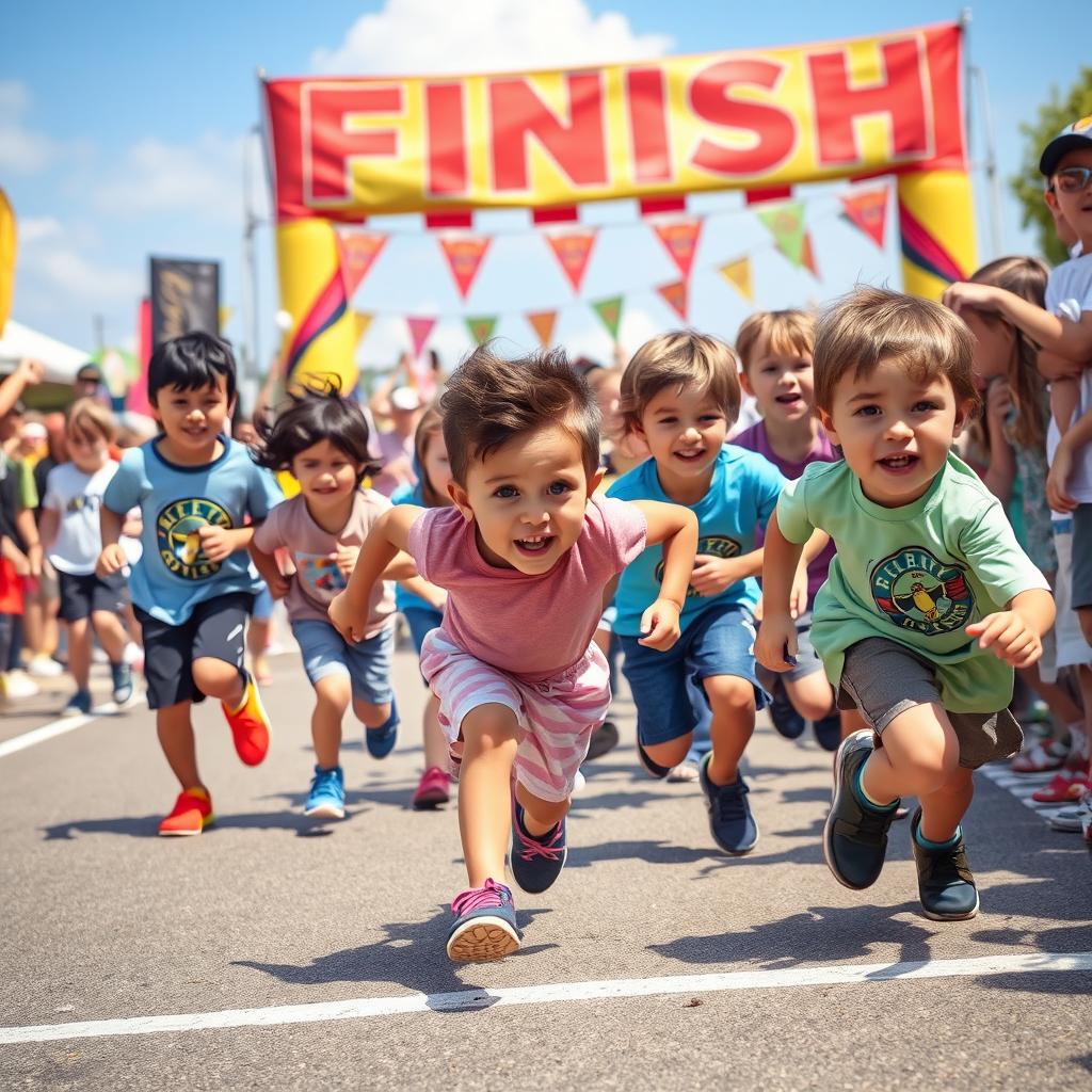 A vibrant and dynamic scene depicting a competitive race among children, with some kids nearing the finish line while others are desperately trying to catch up
