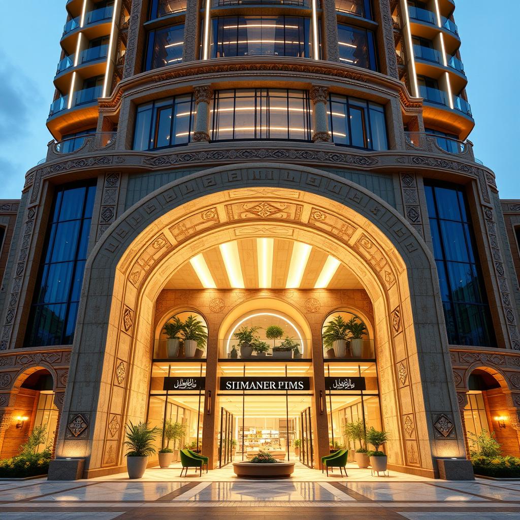 A majestic tower design combining post-modern architecture with traditional Iranian elements, featuring curvilinear lines inspired by Persepolis