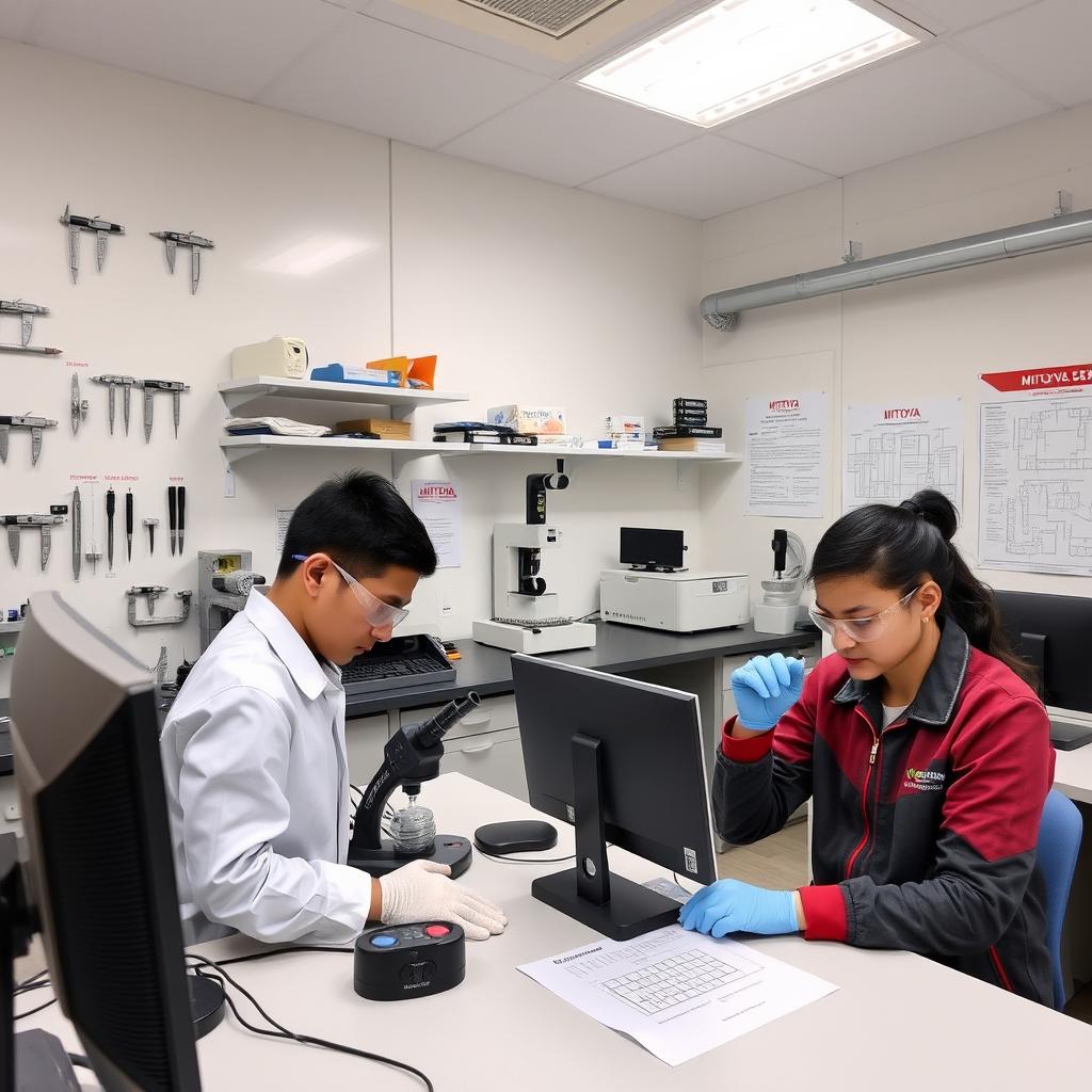 A clean, well-lit laboratory designed for precise measuring and inspection, featuring various Mitutoya measuring instruments such as micrometers, calipers, height gauges, and 3D measuring machines