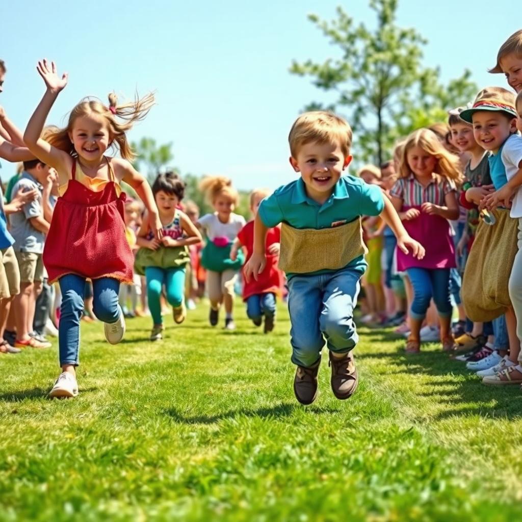 A vibrant scene of a lively sack race competition