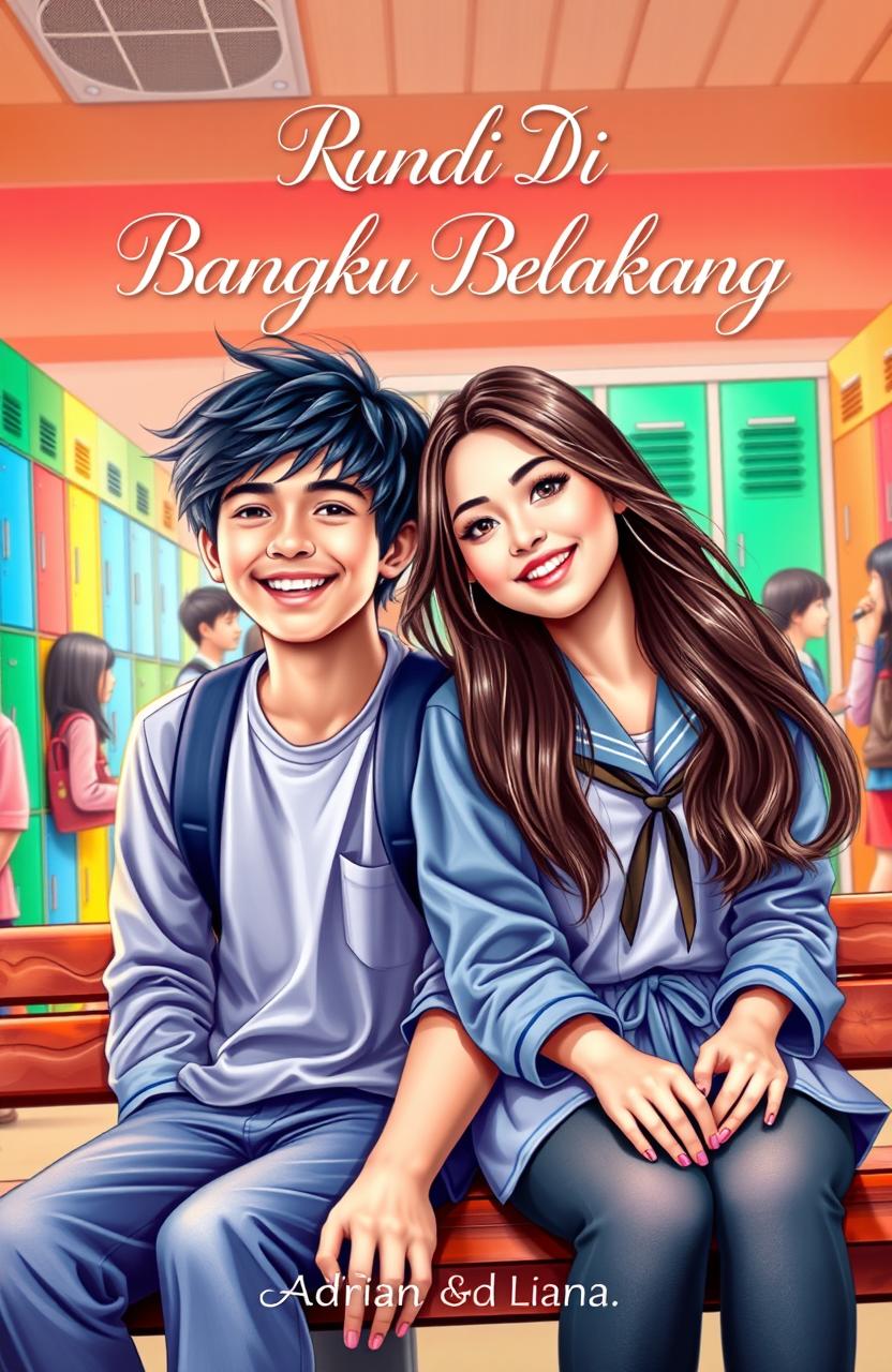 A captivating book cover for 'Rindu Di Bangku Belakang', featuring Adrian and Liana as the main characters
