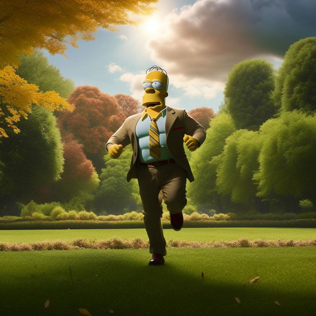 Homer Simpson, in a suave suit, energetically jogging through a green park, gulping down an energizing Monster energy drink from a distinguishable can. The vibrant scenery providing a bright backdrop for this uncommon sight.