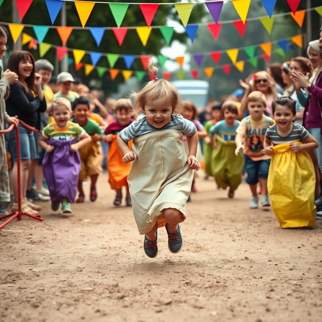 A lively and energetic scene of a sack race competition, featuring several children approaching the finish line while jumping in colorful sacks