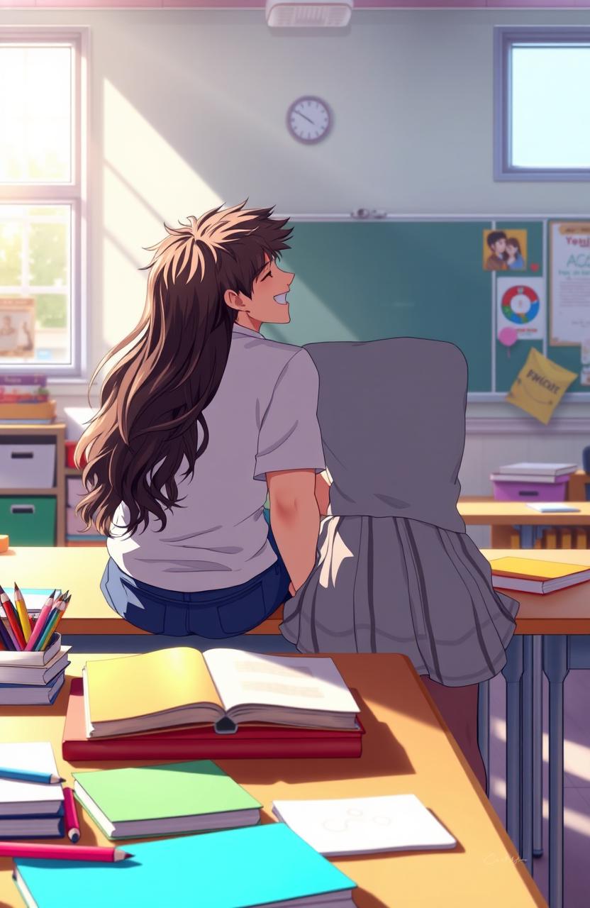 A high school scene depicting Adrian and Liana sitting together at the back of a classroom, surrounded by colorful school supplies and textbooks